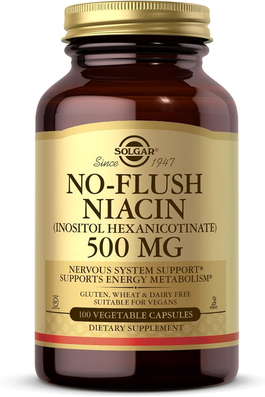 Solgar No-Flush Niacin 500mg Capsules - Energy & Nervous System Support - Vegan, Gluten-Free, Dairy-Free - 100 Servings