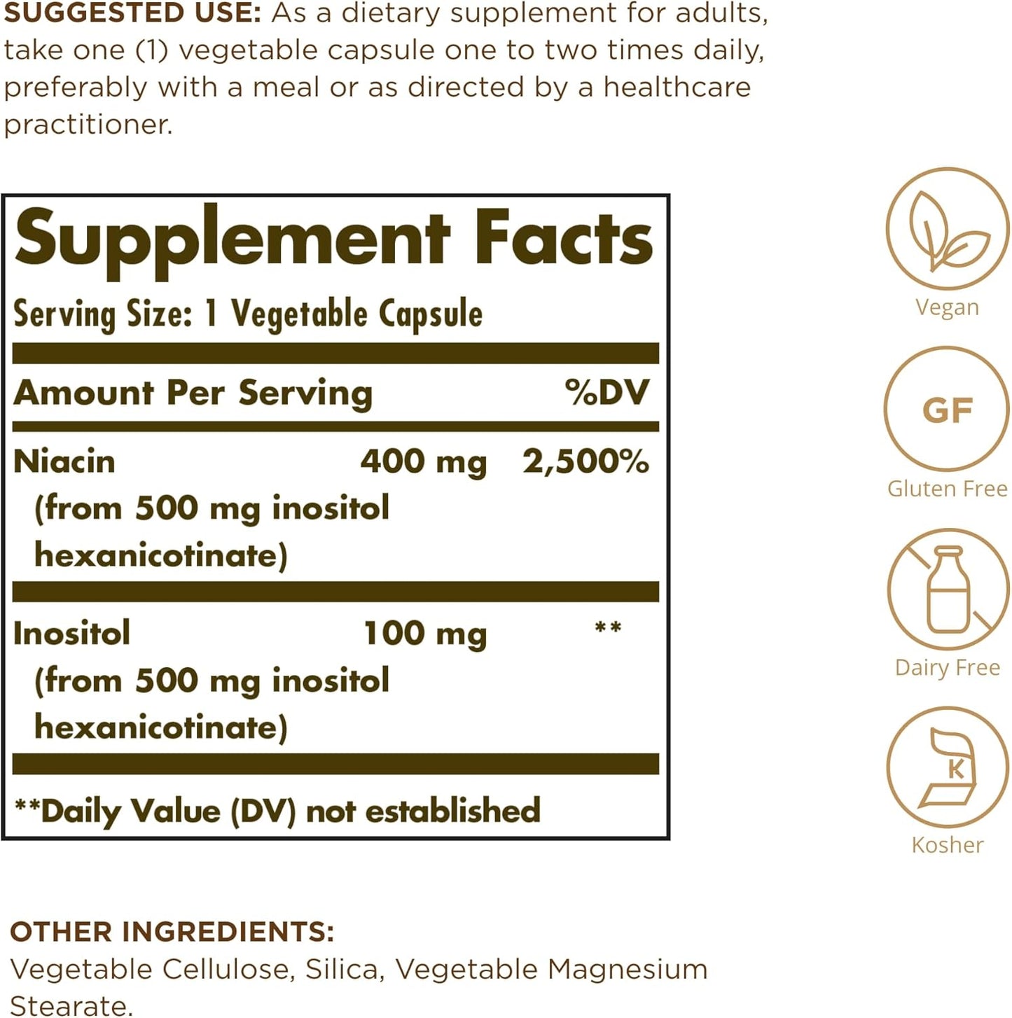 Solgar No-Flush Niacin 500mg Capsules - Energy & Nervous System Support - Vegan, Gluten-Free, Dairy-Free - 100 Servings