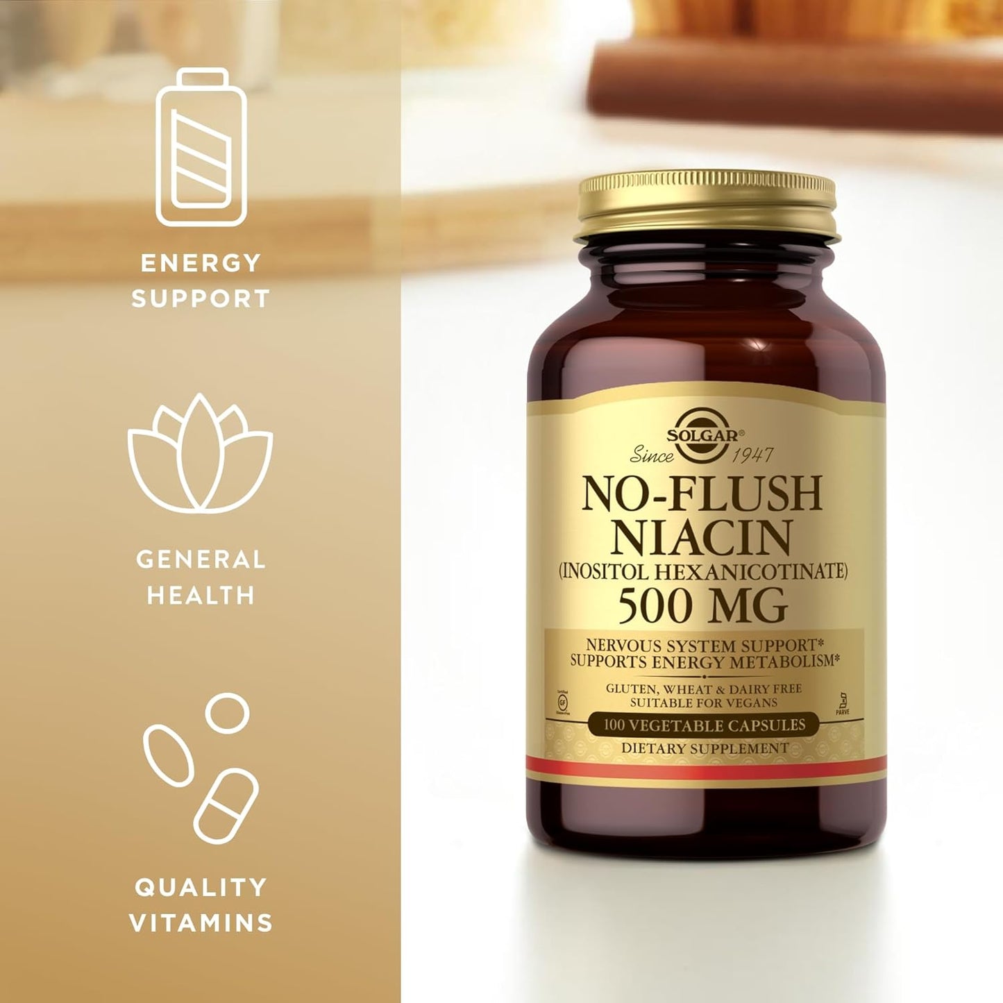 Solgar No-Flush Niacin 500mg Capsules - Energy & Nervous System Support - Vegan, Gluten-Free, Dairy-Free - 100 Servings