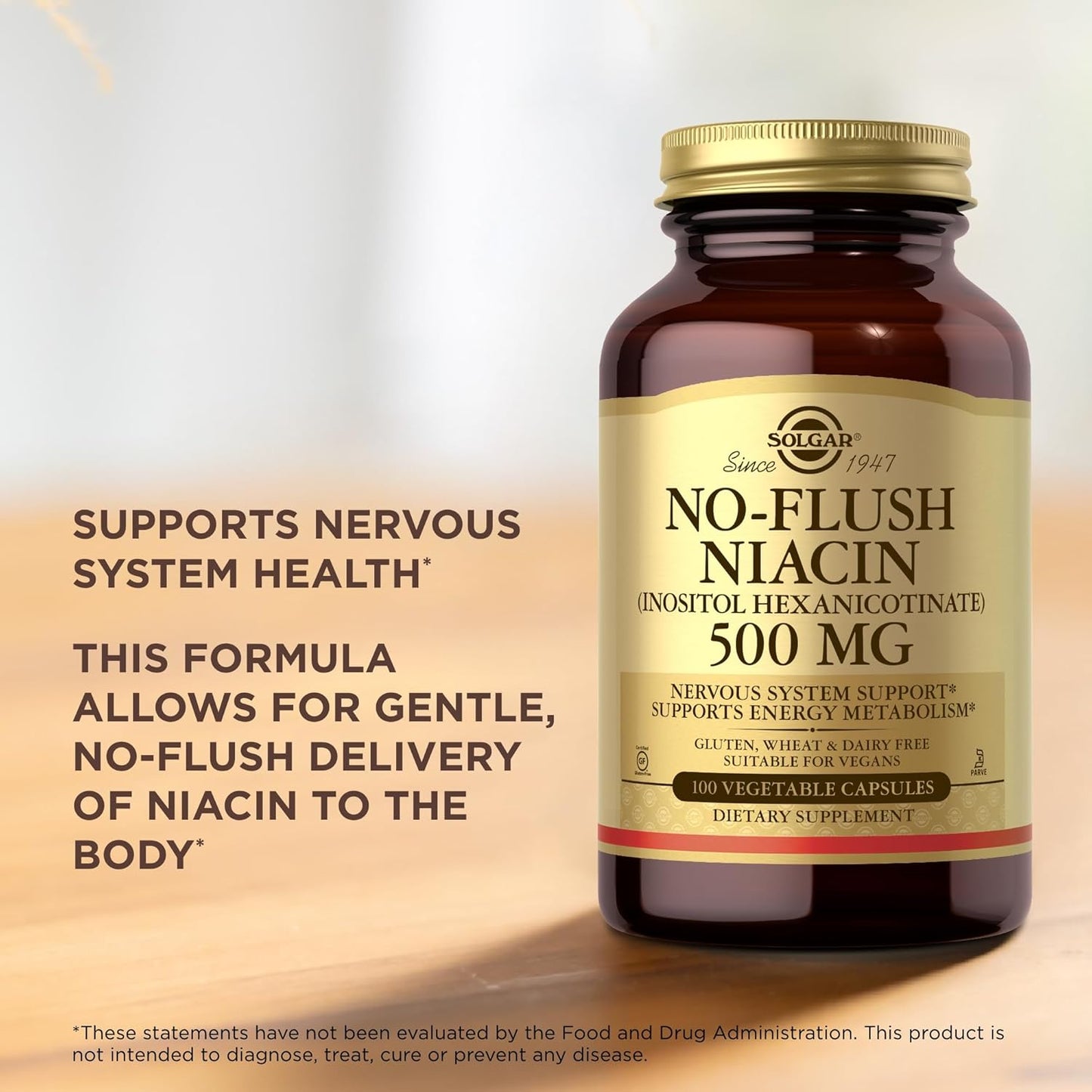 Solgar No-Flush Niacin 500mg Capsules - Energy & Nervous System Support - Vegan, Gluten-Free, Dairy-Free - 100 Servings