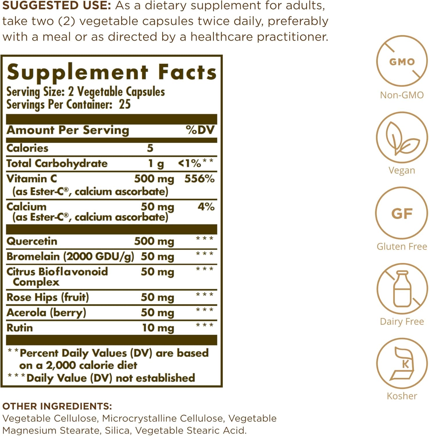 Solgar Quercetin Complex with Ester-C Plus - 50 Capsules - Immune Support, Gentle on Stomach - Vitamin C Supplement - Non-GMO, Vegan, Gluten-Free, Kosher - 25 Servings