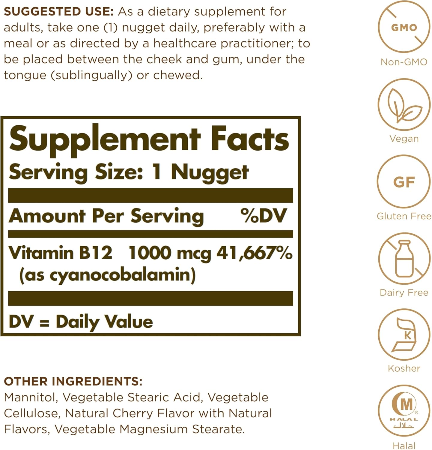 Solgar Sublingual Vitamin B12 1000mcg Nuggets - Non-GMO, Vegan, Gluten-Free, Dairy-Free - 100 Servings