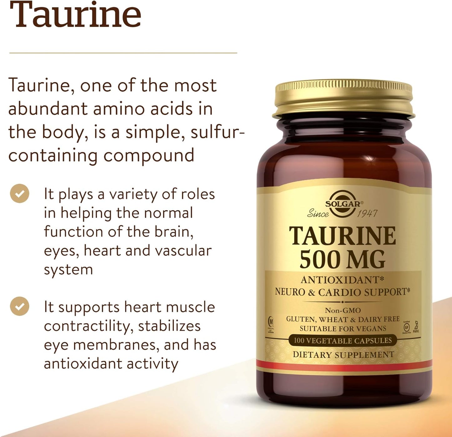 Solgar Taurine 500mg - 100 Vegetarian Capsules for Heart and Eye Health