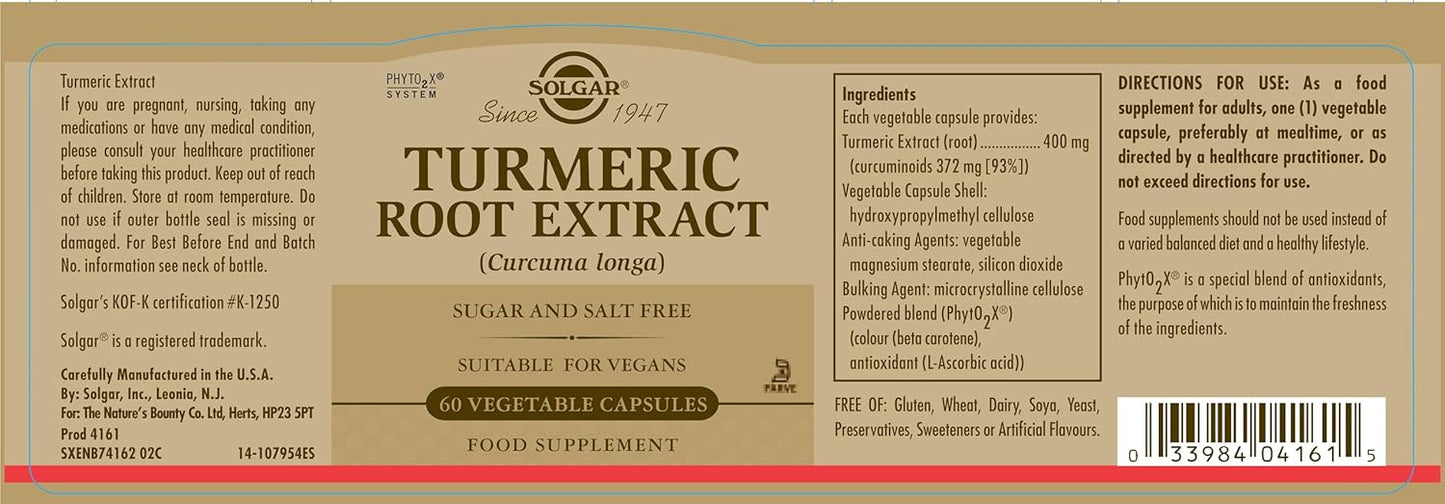 Solgar Turmeric Root Extract Capsules - 400mg, 60 Count, Antioxidant Support for Brain, Joint, Immune Health - Non-GMO, Vegan, Gluten Free, Dairy Free, Kosher - 60 Servings