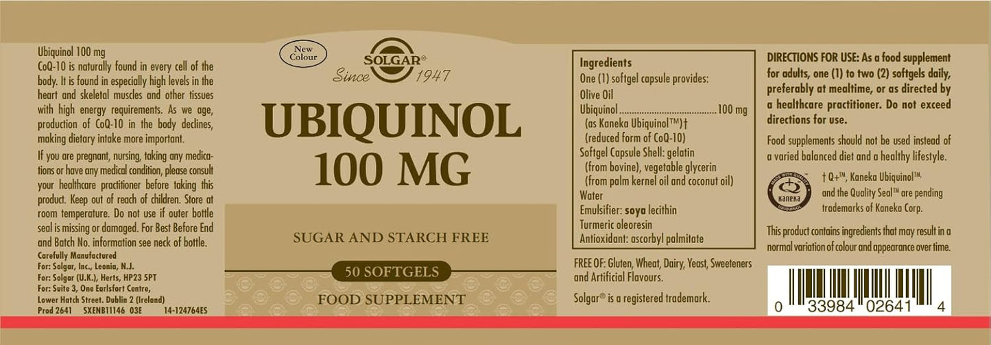 Solgar Ubiquinol 100 mg Softgels - Advanced Antioxidant Support - CoQ-10 Supplement - Gluten and Dairy Free - 50 Servings
