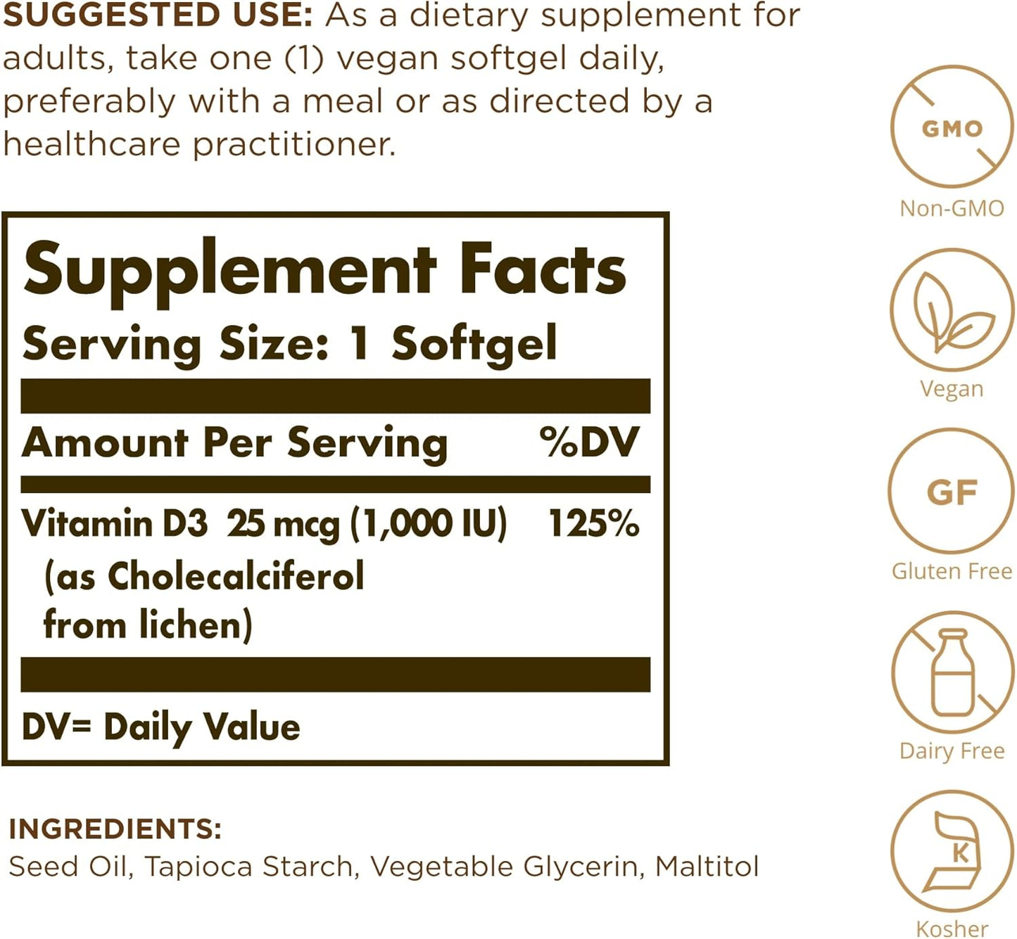 Solgar Vegan Vitamin D3 Softgels - 25 mcg (1,000 IU) - Immune and Bone Health Support - Non-GMO, Certified Vegan, Gluten & Dairy Free - 120 Servings