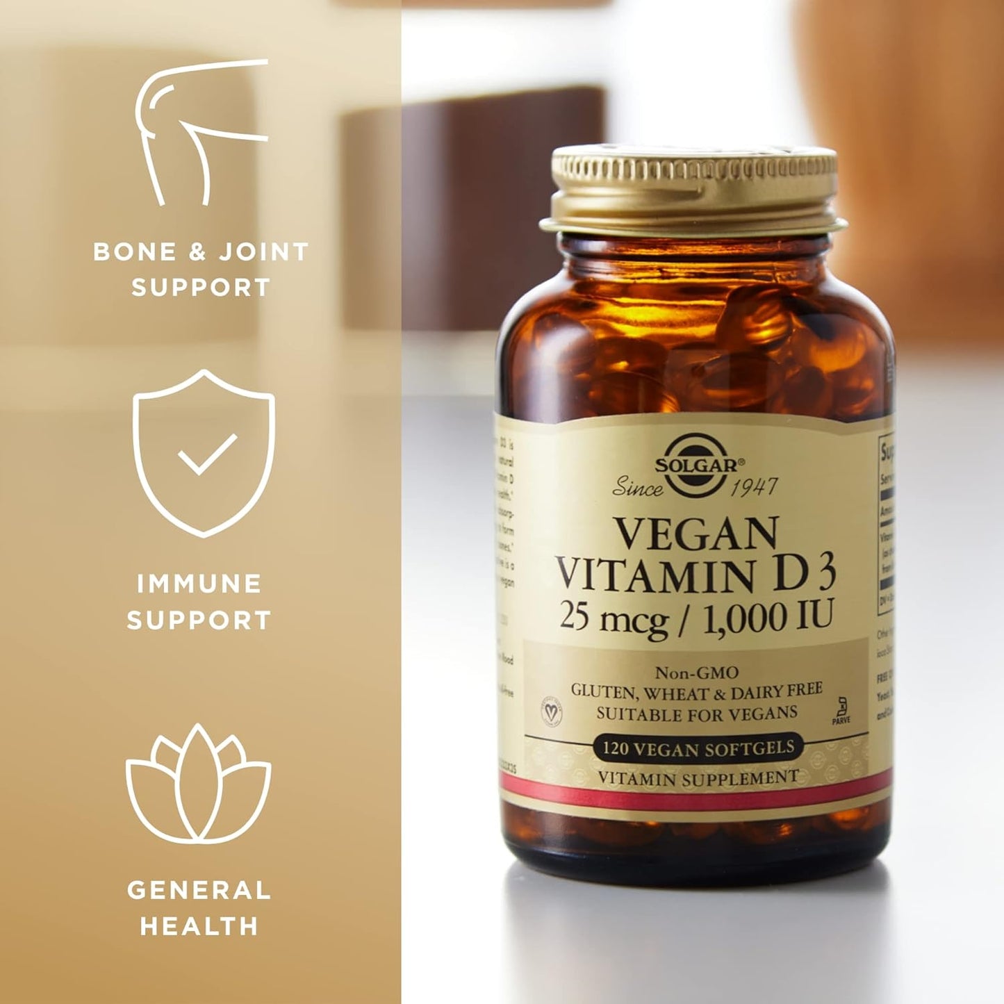 Solgar Vegan Vitamin D3 Softgels - 25 mcg (1,000 IU) - Immune and Bone Health Support - Non-GMO, Certified Vegan, Gluten & Dairy Free - 120 Servings