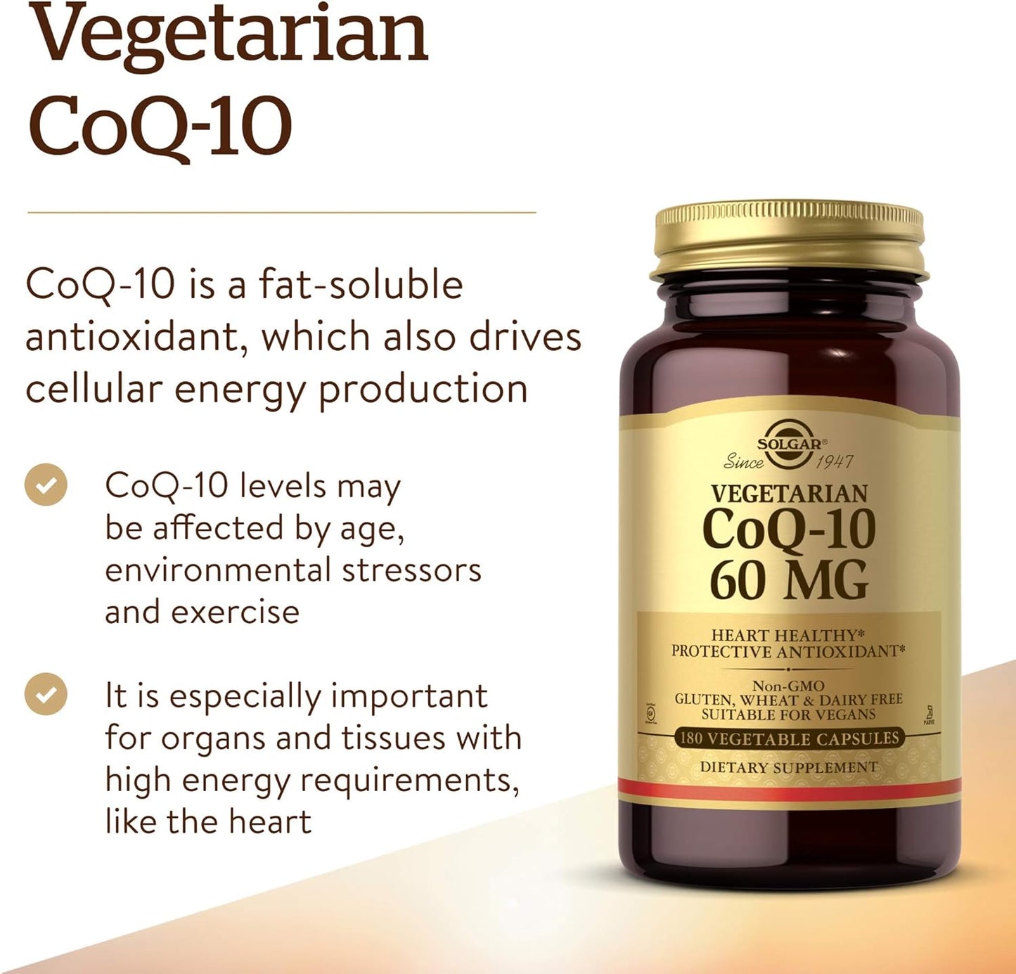 Solgar Vegetarian CoQ-10 Supplement 60mg - Heart Healthy Antioxidant, Non-GMO, Vegan, Gluten-Free, Dairy-Free, Kosher - 180 Capsules