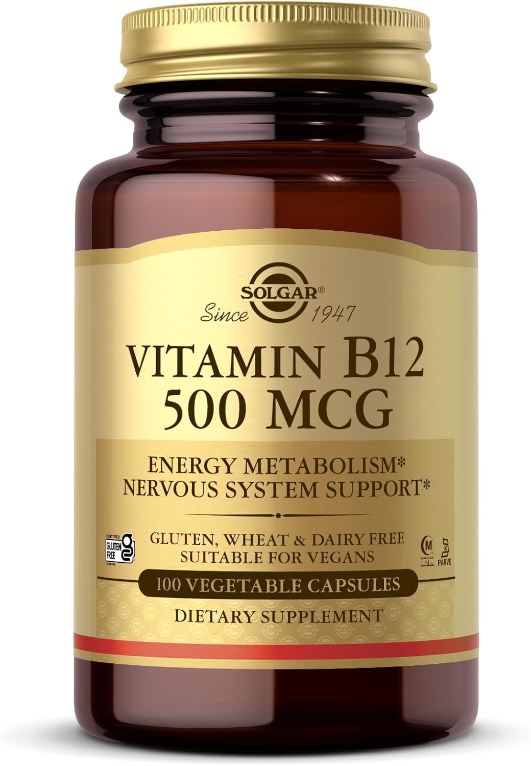 SOLGAR Vitamin B12 500 mcg Capsules - Energy & Nervous System Support - Non-GMO, Vegan, Gluten & Dairy Free - 100 Servings