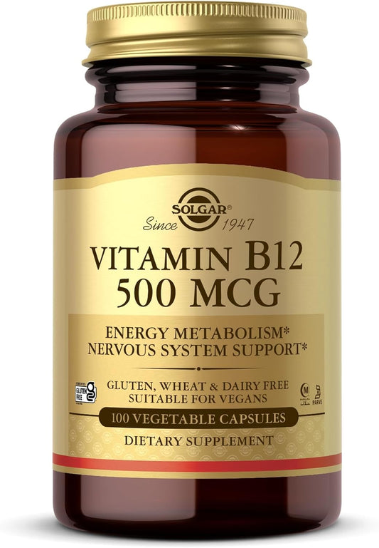 SOLGAR Vitamin B12 500 mcg Capsules - Energy & Nervous System Support - Non-GMO, Vegan, Gluten & Dairy Free - 100 Servings