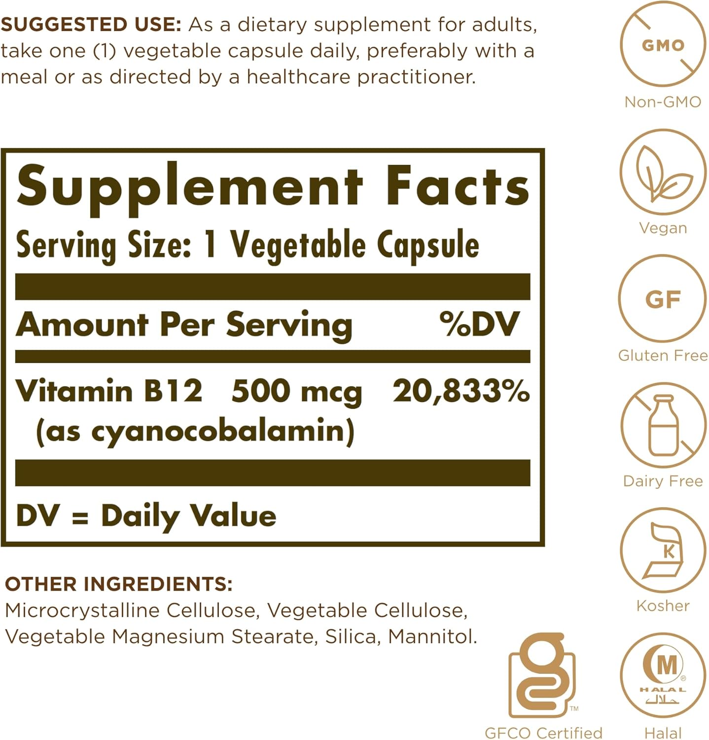 SOLGAR Vitamin B12 500 mcg Capsules - Energy & Nervous System Support - Non-GMO, Vegan, Gluten & Dairy Free - 100 Servings