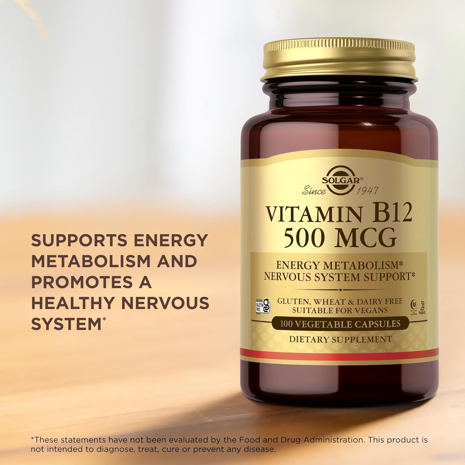 SOLGAR Vitamin B12 500 mcg Capsules - Energy & Nervous System Support - Non-GMO, Vegan, Gluten & Dairy Free - 100 Servings
