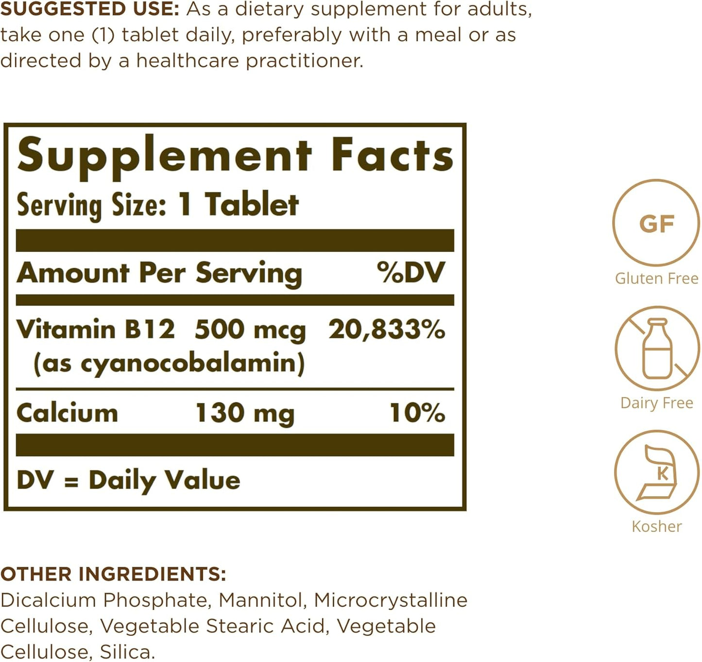 Solgar Vitamin B12 500 mcg Tablets - Vegan, Gluten Free, Dairy Free, Kosher - 100 Servings