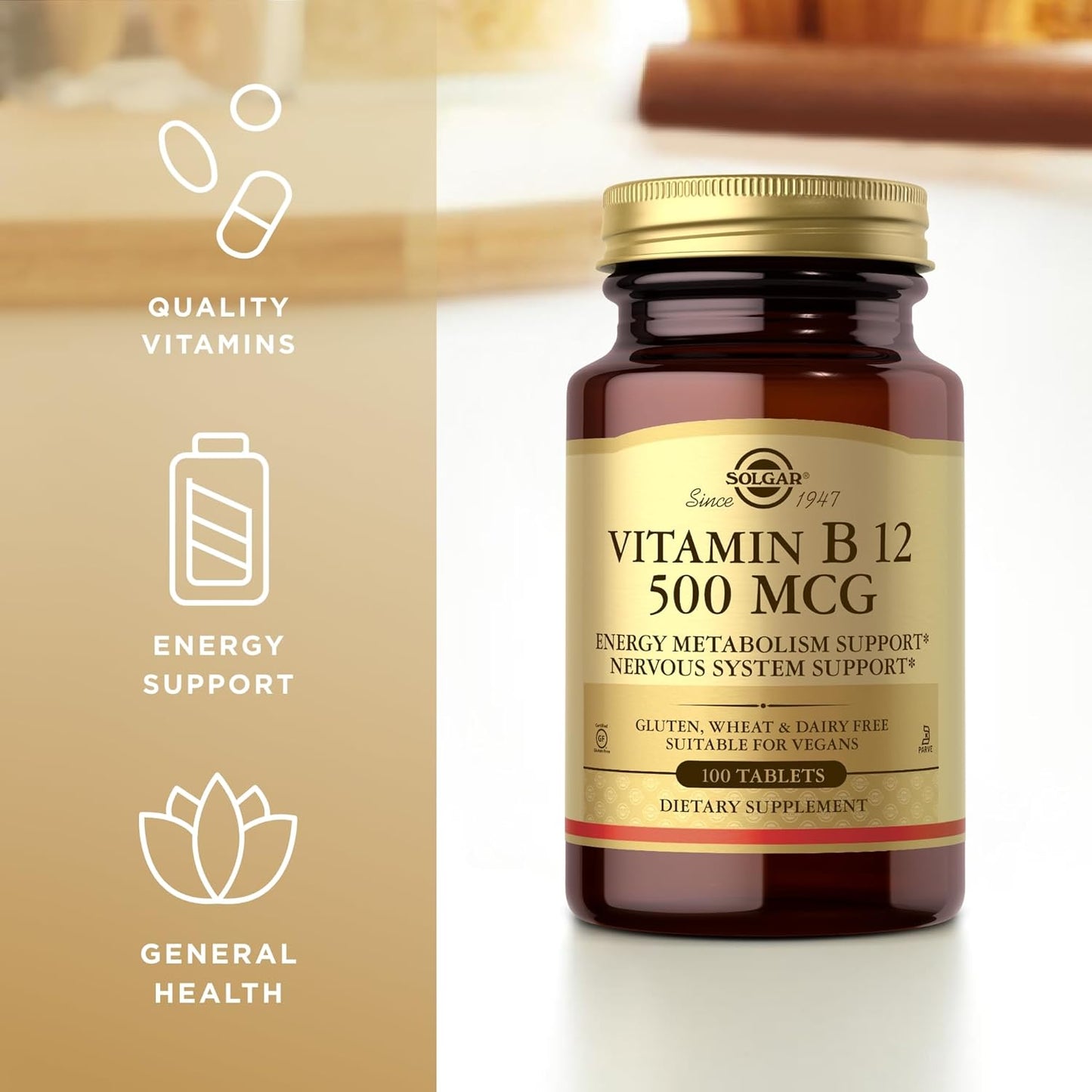 Solgar Vitamin B12 500 mcg Tablets - Vegan, Gluten Free, Dairy Free, Kosher - 100 Servings
