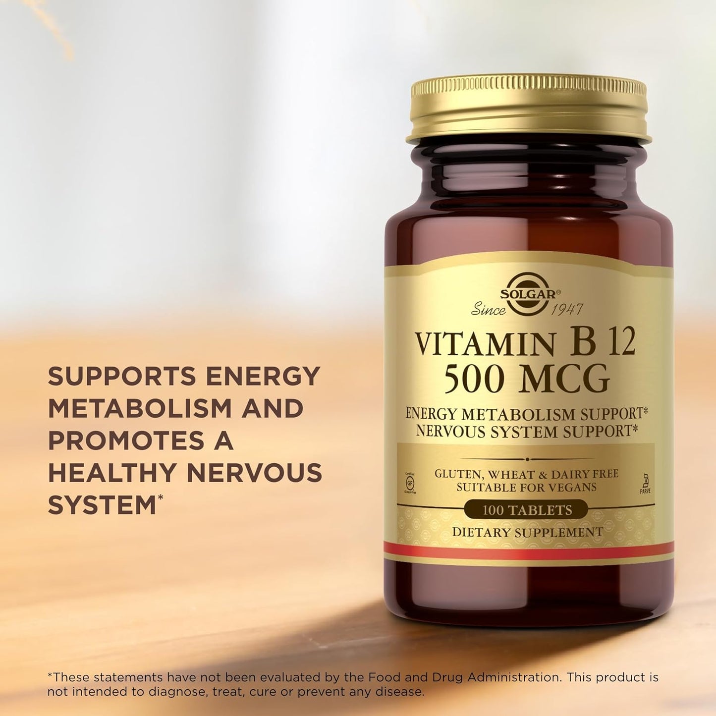 Solgar Vitamin B12 500 mcg Tablets - Vegan, Gluten Free, Dairy Free, Kosher - 100 Servings