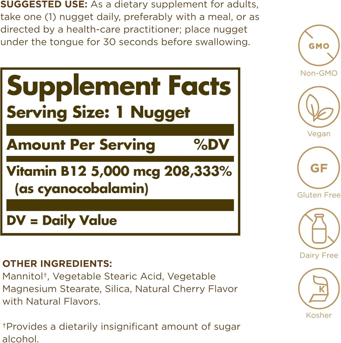 Solgar Vitamin B12 5000 mcg Nuggets - Supports Nervous System - Non-GMO, Vegan, Gluten & Dairy Free - 30 Servings