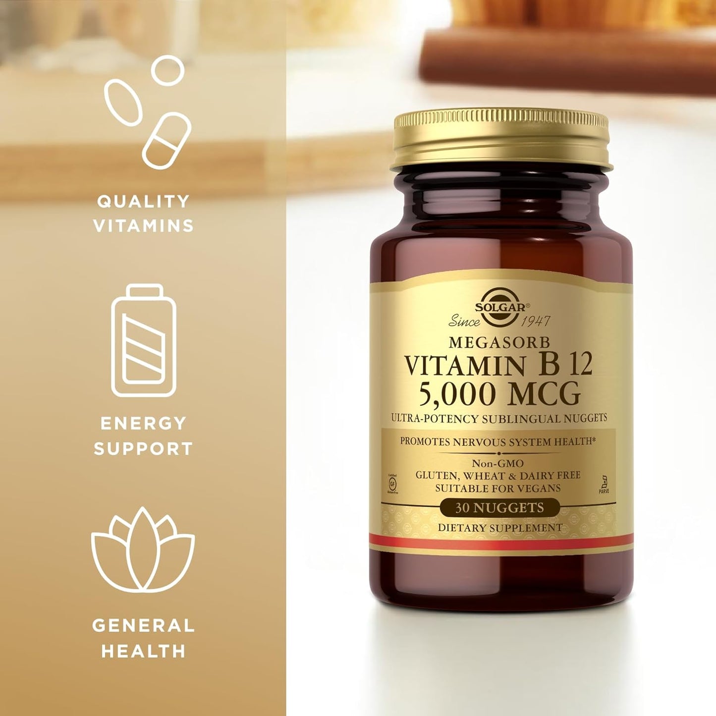 Solgar Vitamin B12 5000 mcg Nuggets - Supports Nervous System - Non-GMO, Vegan, Gluten & Dairy Free - 30 Servings