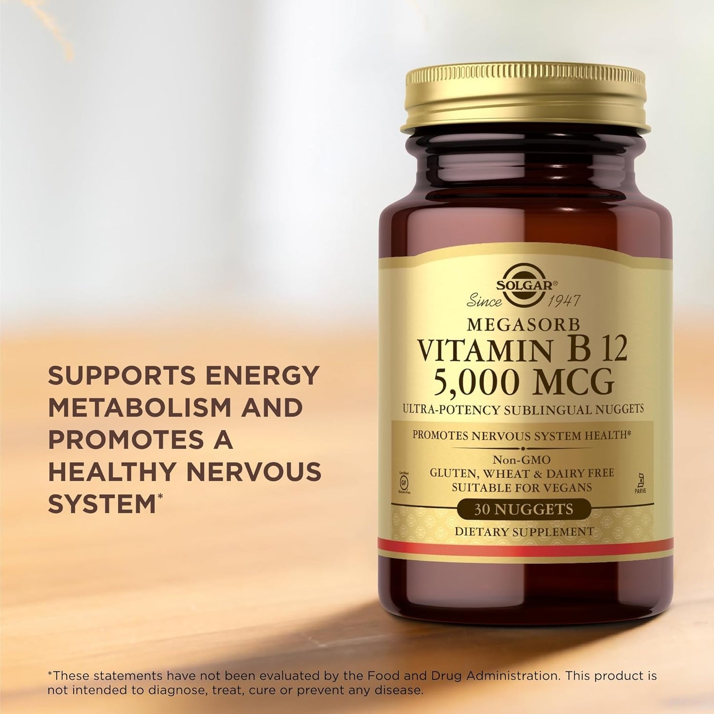Solgar Vitamin B12 5000 mcg Nuggets - Supports Nervous System - Non-GMO, Vegan, Gluten & Dairy Free - 30 Servings