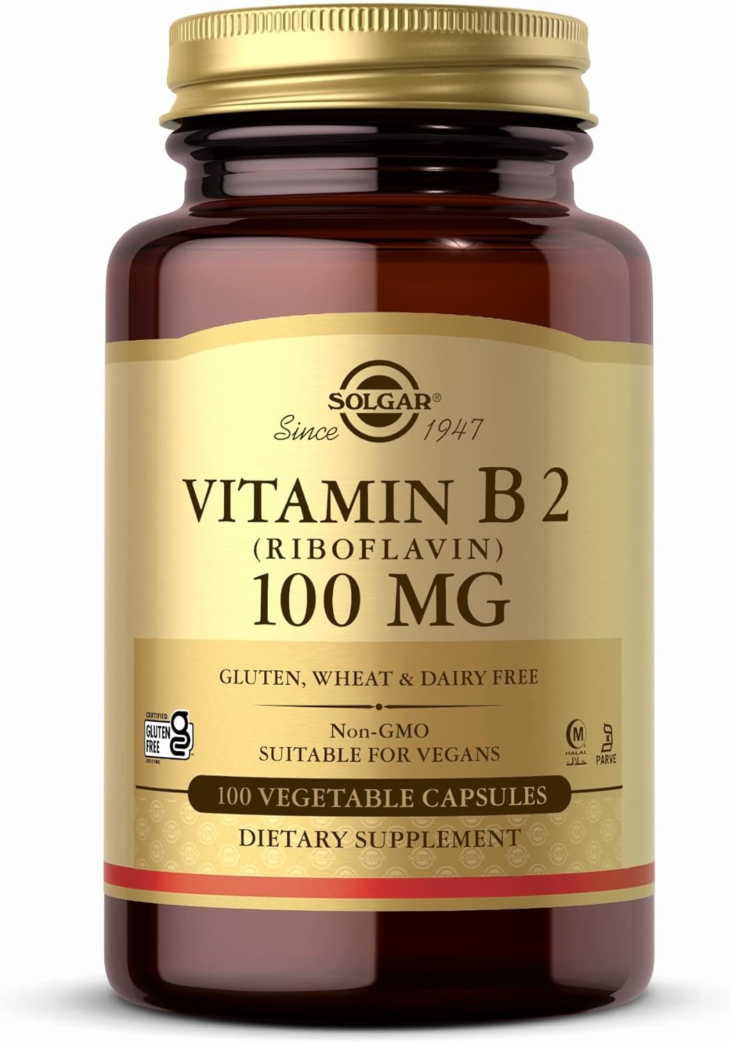Solgar Vitamin B2 100mg Capsules for Energy Metabolism - Non-GMO, Vegan, Gluten Free - 100 Servings