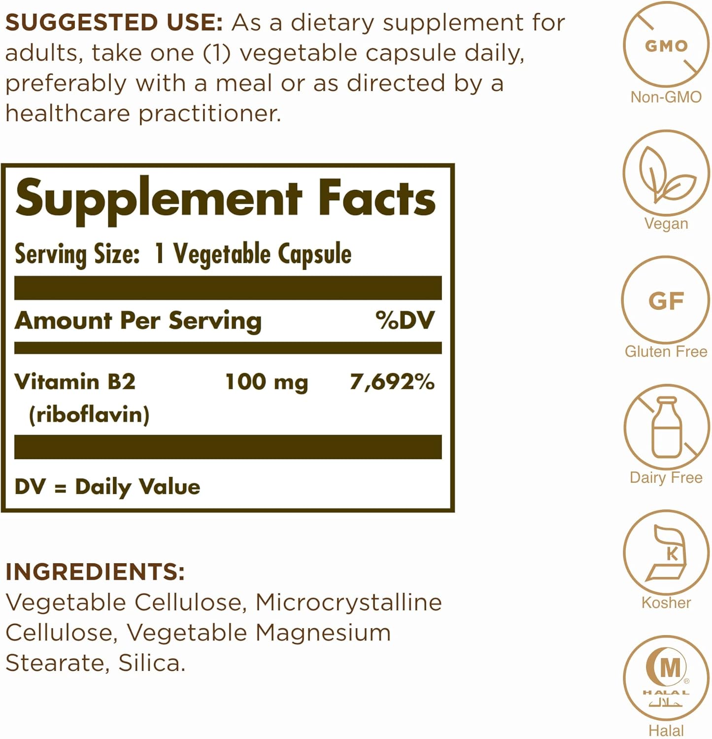 Solgar Vitamin B2 100mg Capsules for Energy Metabolism - Non-GMO, Vegan, Gluten Free - 100 Servings