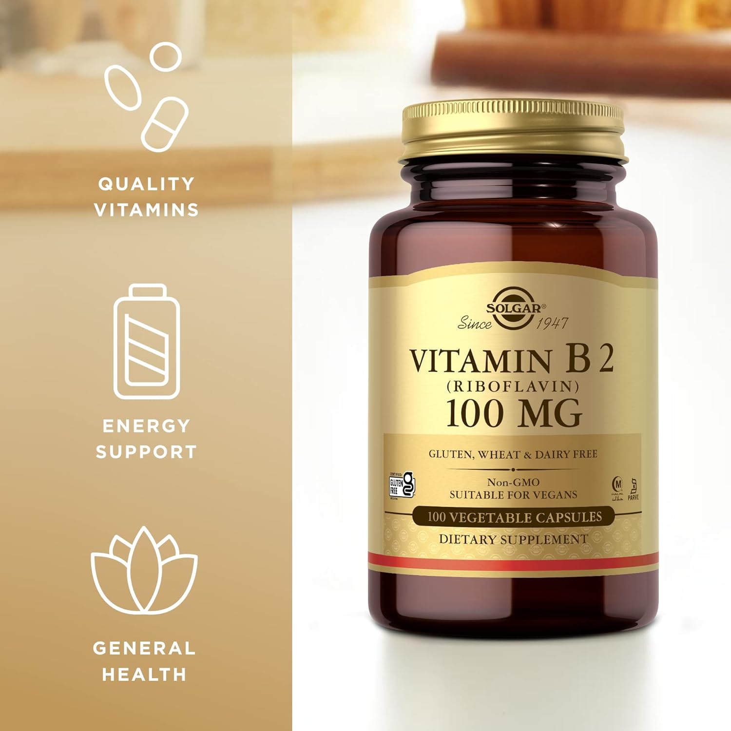 Solgar Vitamin B2 100mg Capsules for Energy Metabolism - Non-GMO, Vegan, Gluten Free - 100 Servings