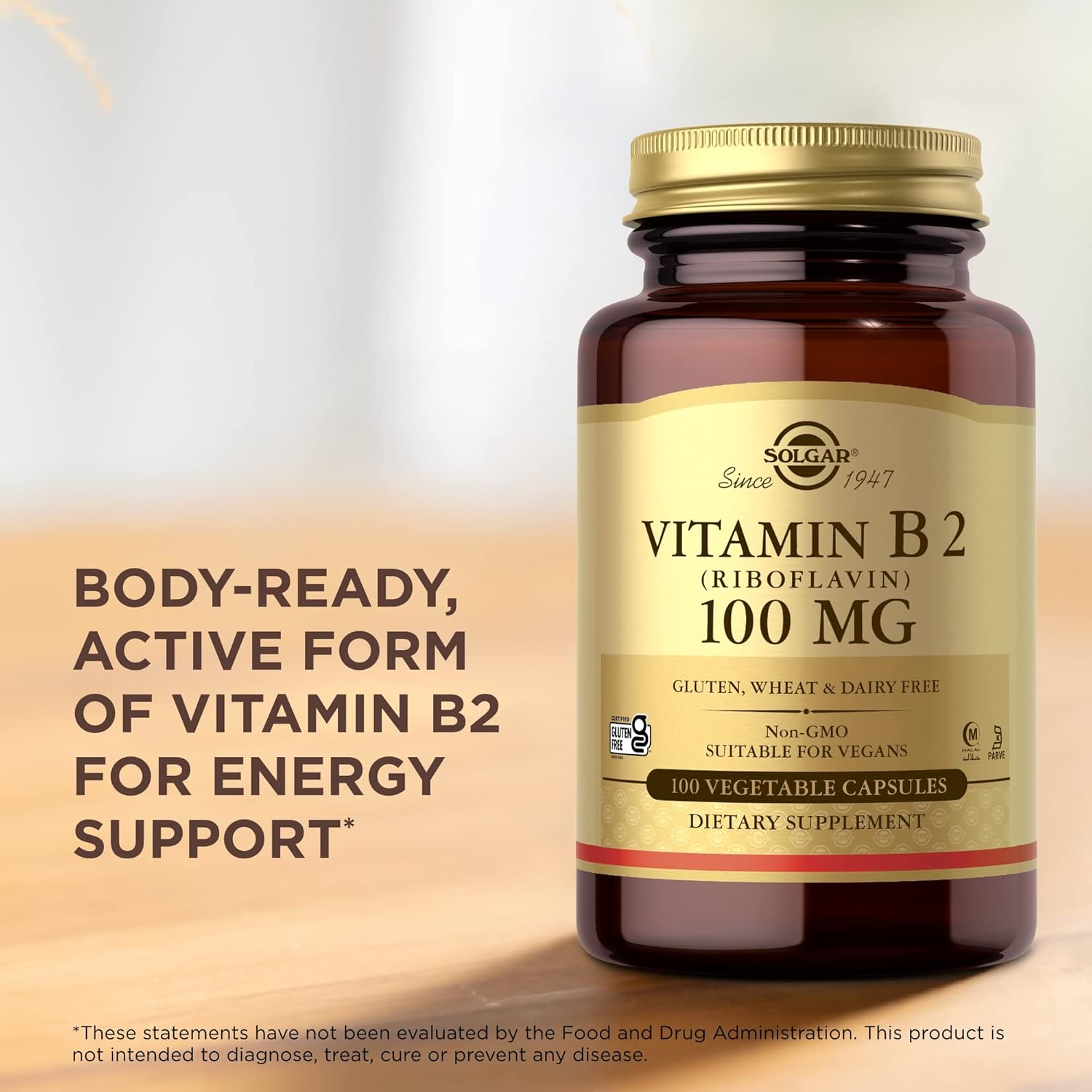 Solgar Vitamin B2 100mg Capsules for Energy Metabolism - Non-GMO, Vegan, Gluten Free - 100 Servings