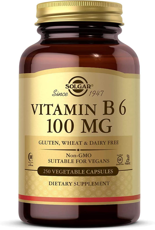 Solgar Vitamin B6 100 mg Capsules - Supports Energy, Heart Health & Nervous System - Non-GMO, Vegan, Gluten Free - 250 Servings