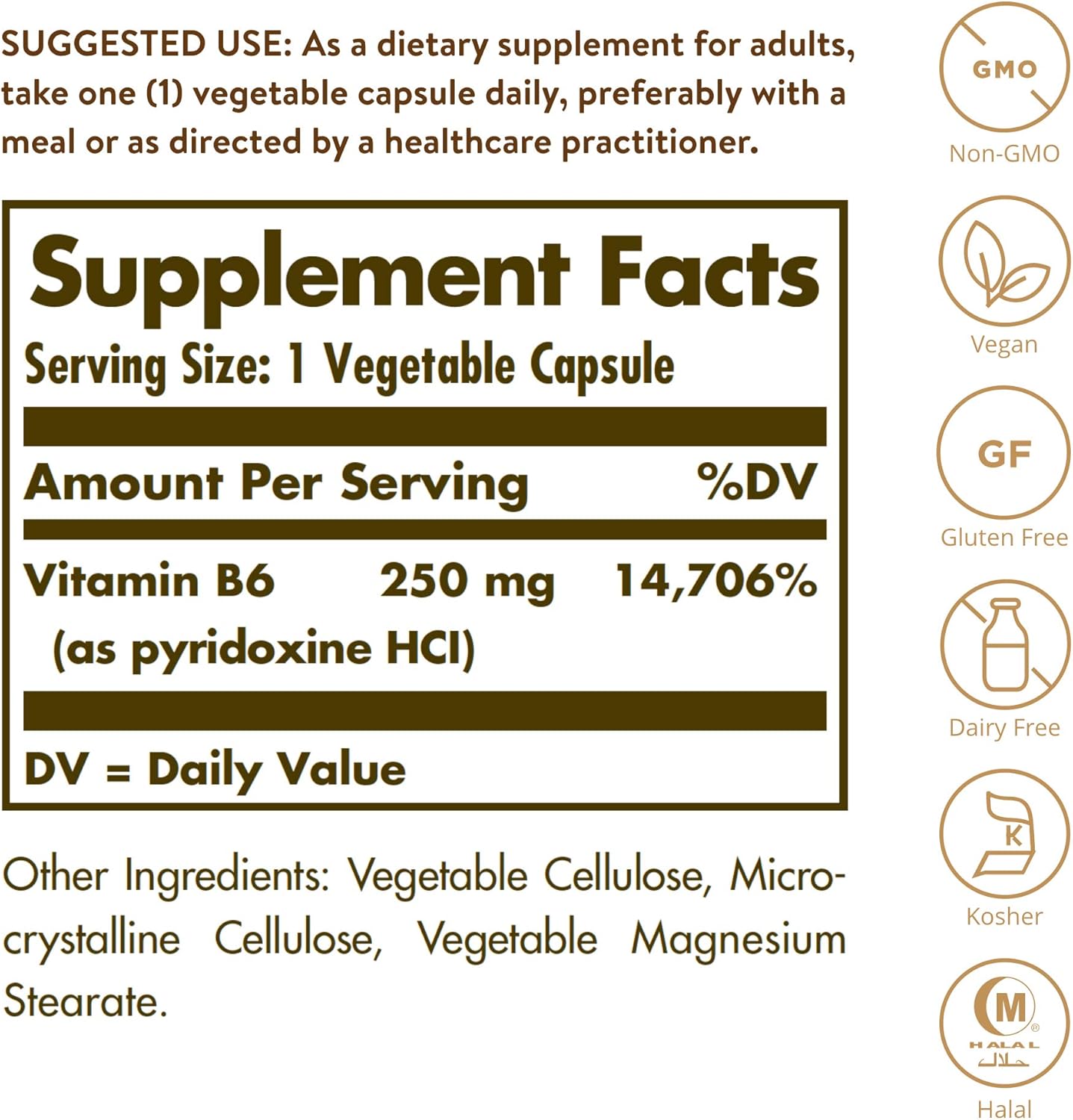 Solgar Vitamin B6 Capsules - 250 mg, 100 Count - Energy Metabolism & Heart Health Support - Non-GMO, Vegan, Gluten-Free