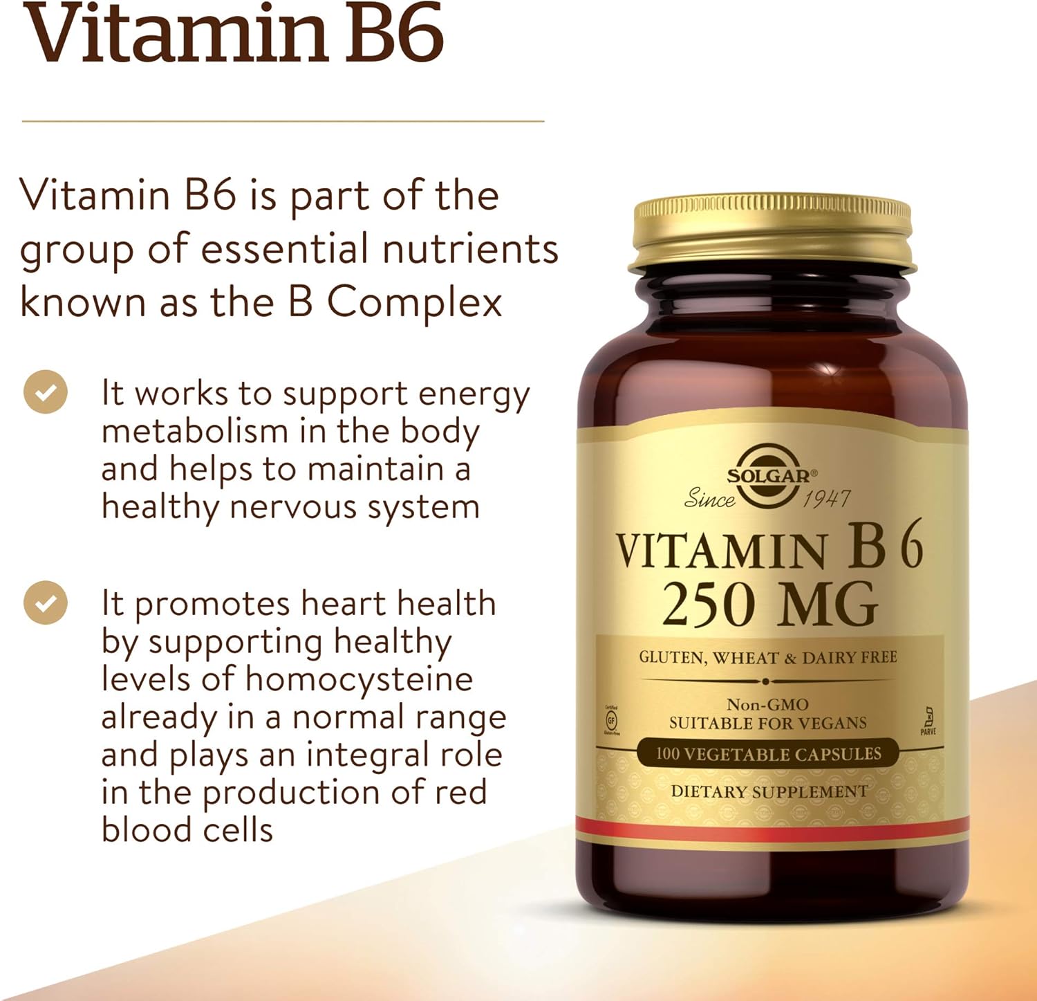 Solgar Vitamin B6 Capsules - 250 mg, 100 Count - Energy Metabolism & Heart Health Support - Non-GMO, Vegan, Gluten-Free