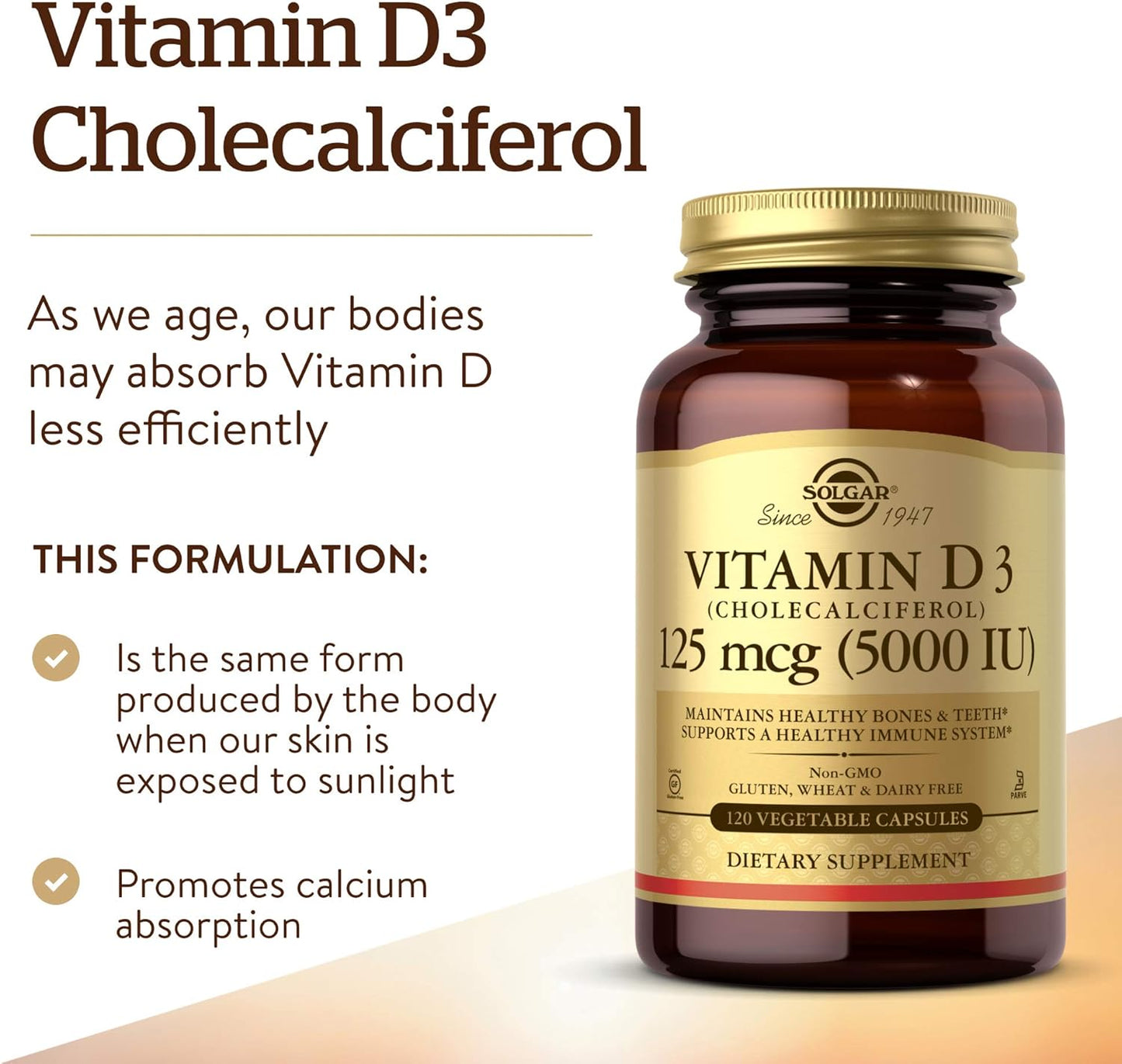 Solgar Vitamin D3 125 Mcg (5000 IU) Capsules - Bone & Teeth Health, Immune Support - Non-GMO, Gluten Free, Dairy Free - 120 Servings