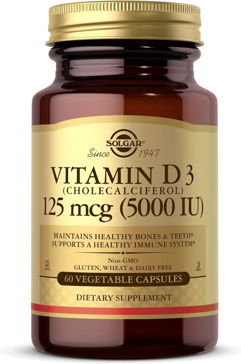 Solgar Vitamin D3 (Cholecalciferol) 125 mcg (5000 IU) - 60 Vegetable Capsules - Non-GMO, Gluten & Dairy Free - 60 Servings