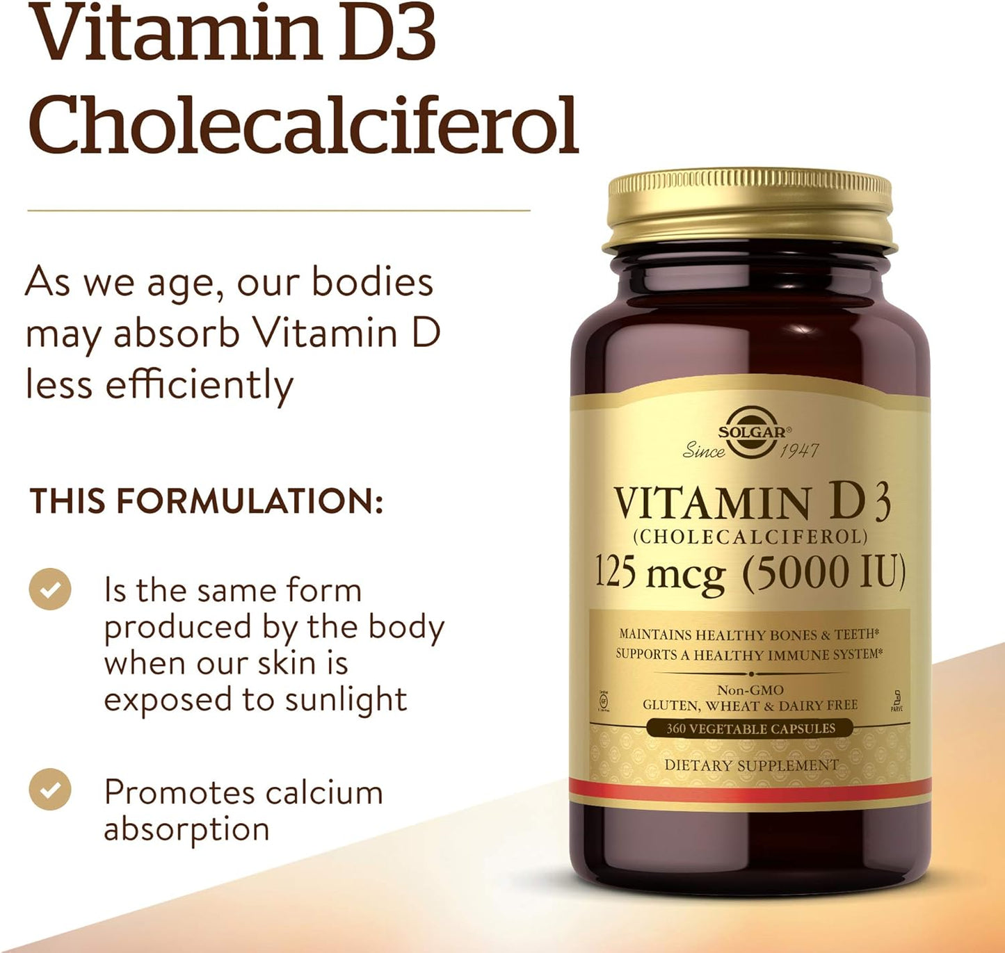 Solgar Vitamin D3 Cholecalciferol 125 mcg 5000 IU Vegetable Capsules for Bone, Teeth, and Immune Health - 360 Count
