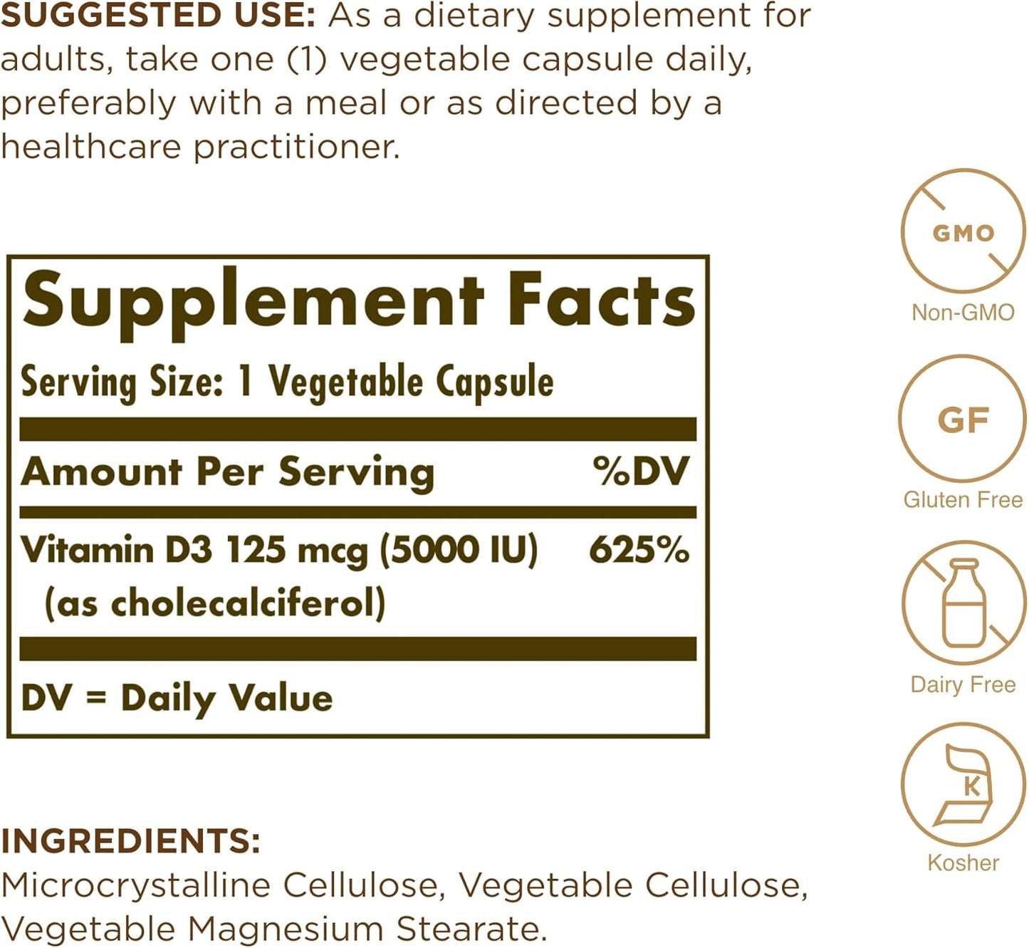 Solgar Vitamin D3 (Cholecalciferol) 125 mcg (5000 IU) - 60 Vegetable Capsules - Non-GMO, Gluten & Dairy Free - 60 Servings