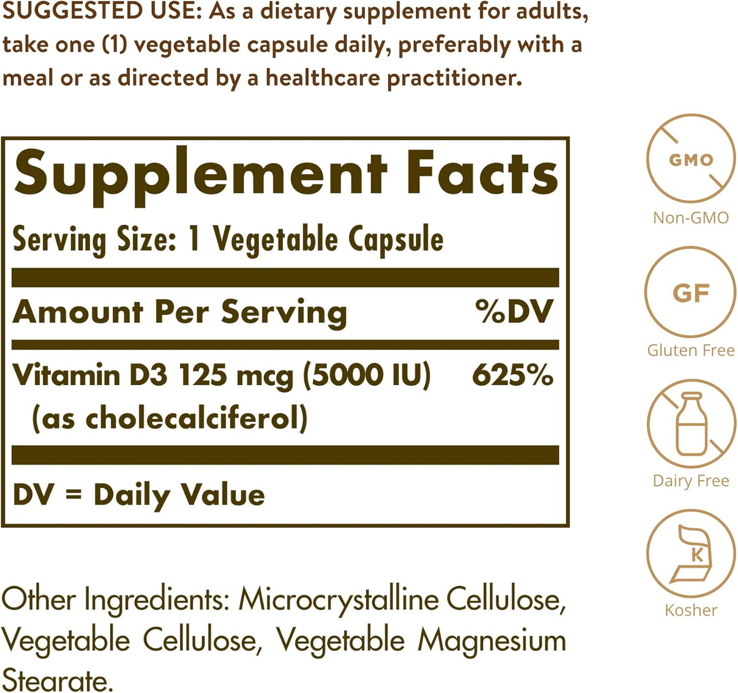 Solgar Vitamin D3 Cholecalciferol 125 mcg 5000 IU Vegetable Capsules for Bone, Teeth, and Immune Health - 360 Count