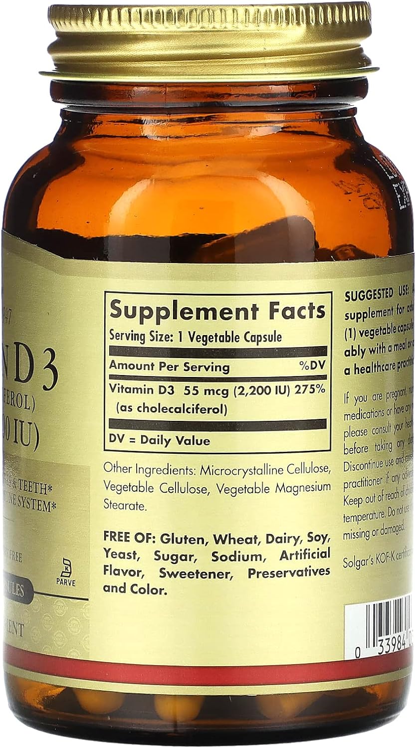 Solgar Vitamin D3 Cholecalciferol 2,200 IU Supplement - 100 Vegetarian Capsules
