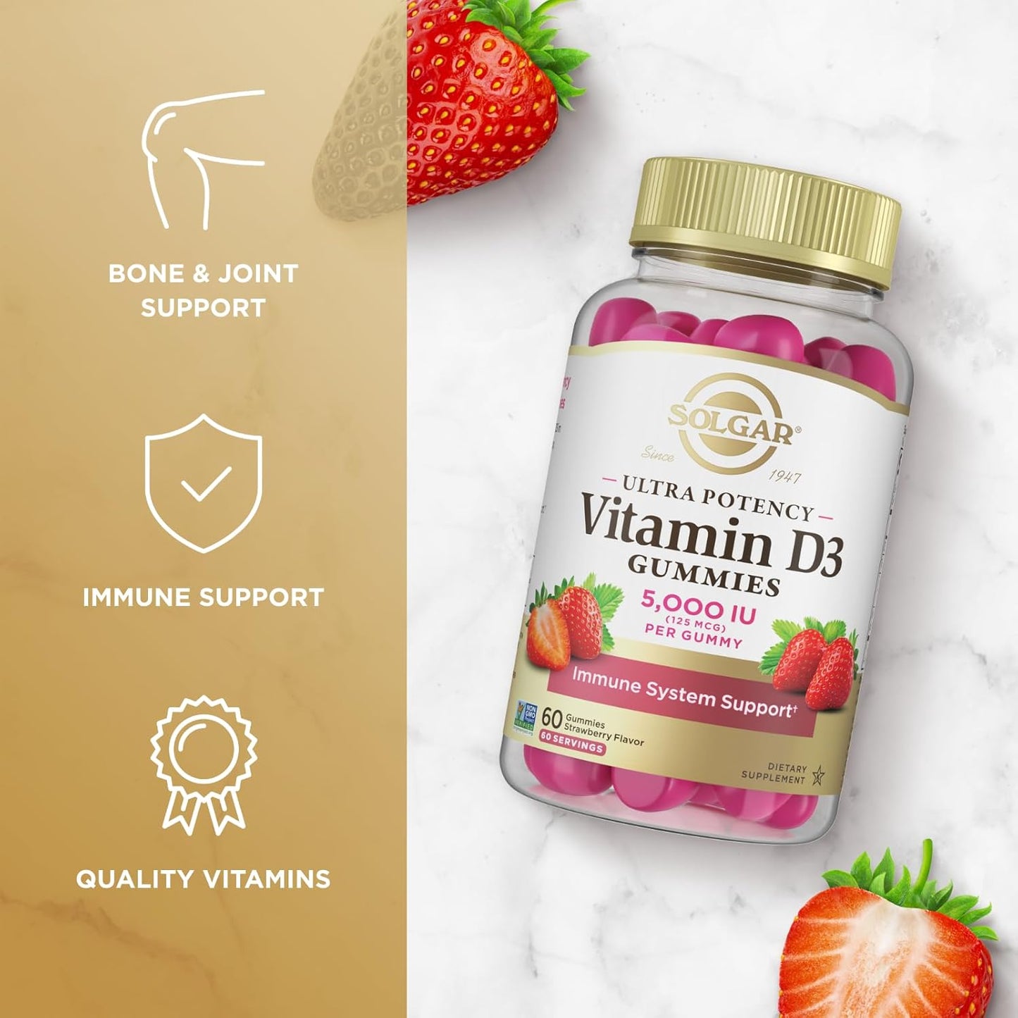 Solgar Vitamin D3 Gummies 5000IU for Adults - Immune System Support - Strawberry Flavor - Gluten & Gelatin Free - 2 Month Supply - BoostGo Australia