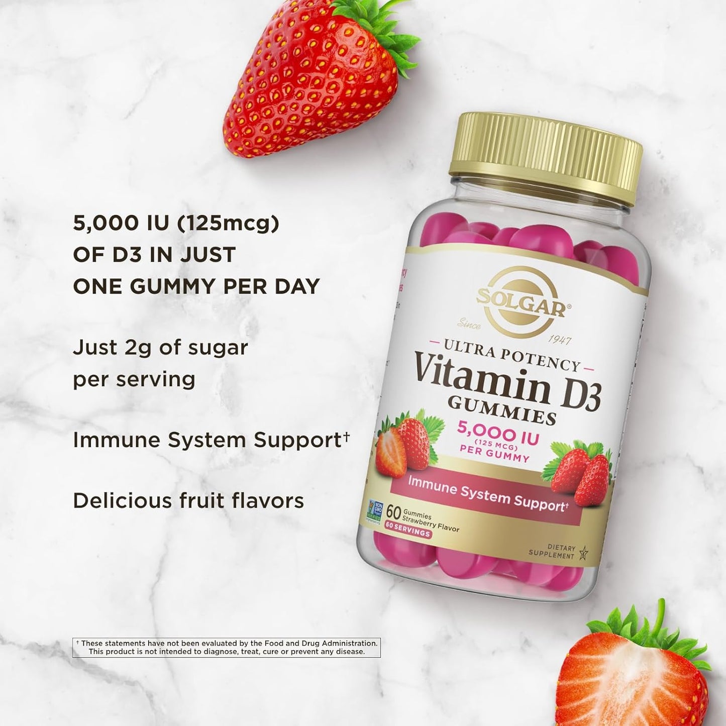 Solgar Vitamin D3 Gummies 5000IU for Adults - Immune System Support - Strawberry Flavor - Gluten & Gelatin Free - 2 Month Supply - BoostGo Australia
