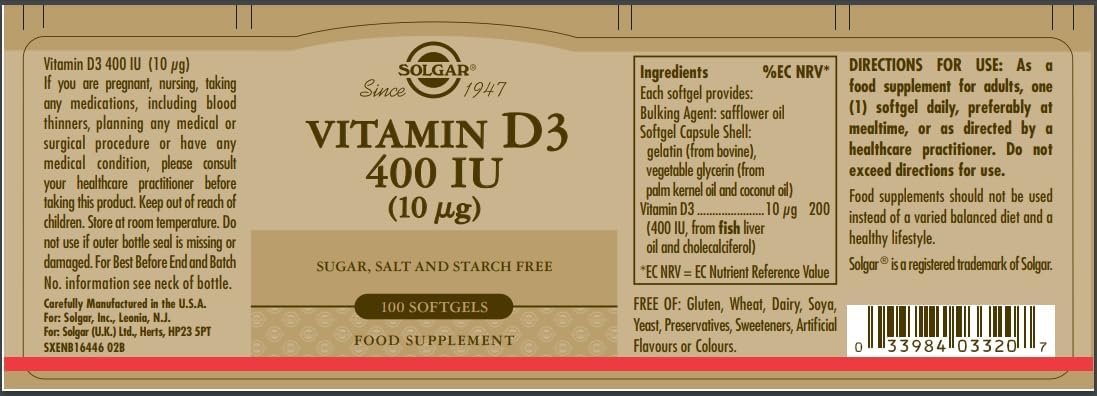 Solgar Vitamin D3 Softgels - 250 MCG (10,000 IU) for Bone & Teeth Health - Immune System Support - Non-GMO, Gluten & Dairy Free - 100 Servings