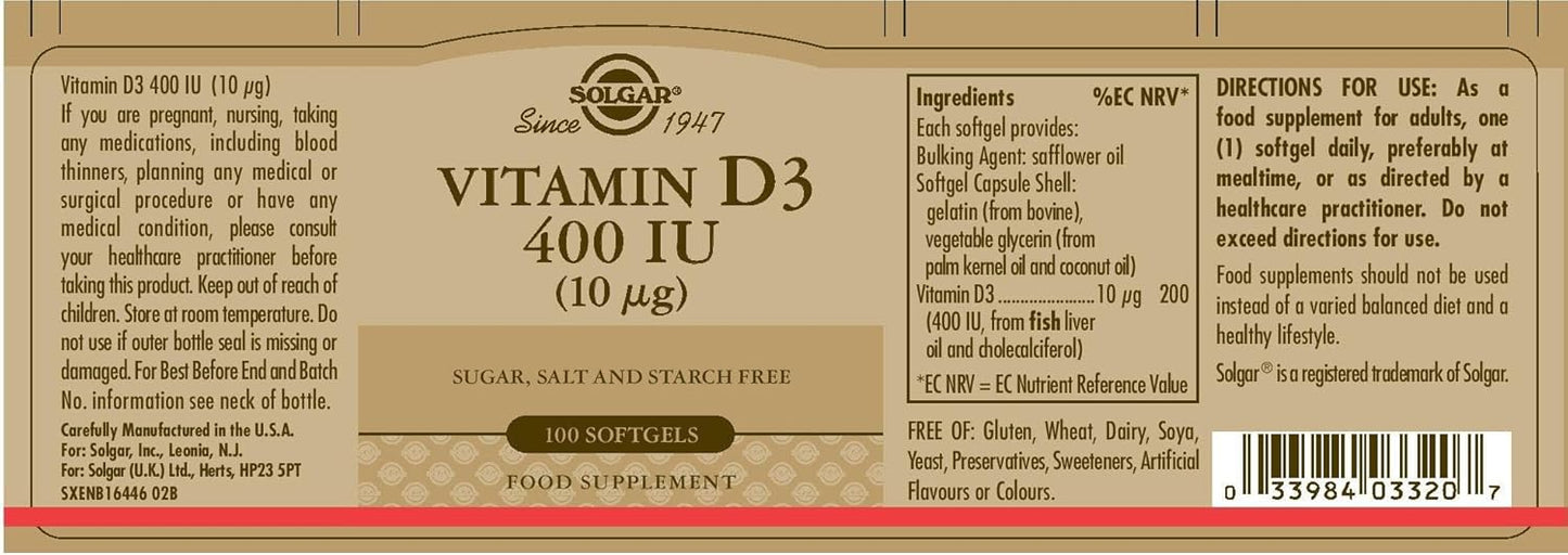 Solgar Vitamin D3 Softgels - 250 MCG (10,000 IU) for Bone & Teeth Health - Immune System Support - Non-GMO, Gluten & Dairy Free - 100 Servings