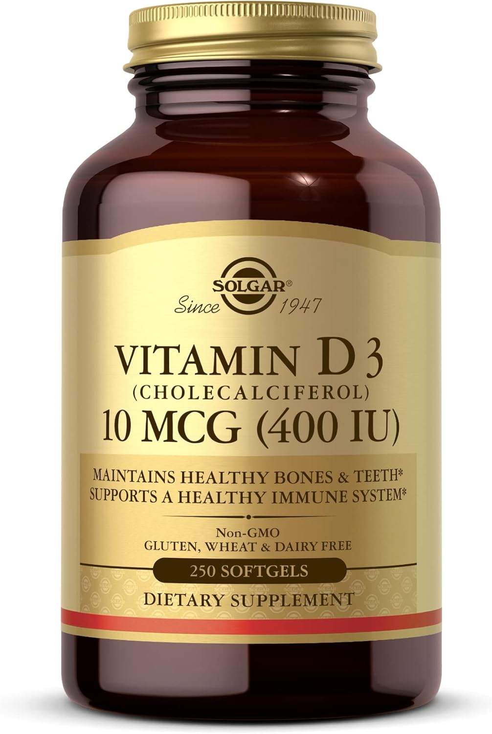 Solgar Vitamin D3 Softgels 10 mcg (400 IU) - 250 Count - Supports Bone Health, Teeth, & Immune System - Non-GMO, Gluten Free, Dairy Free - BoostGo Australia