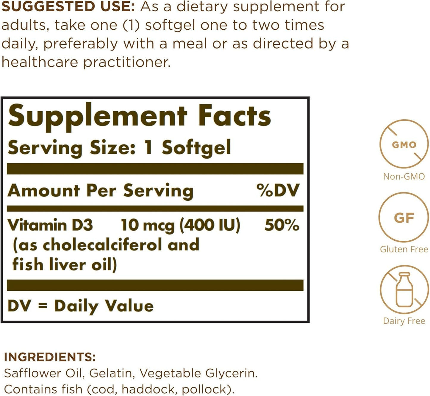 Solgar Vitamin D3 Softgels 10 mcg (400 IU) - 250 Count - Supports Bone Health, Teeth, & Immune System - Non-GMO, Gluten Free, Dairy Free - BoostGo Australia