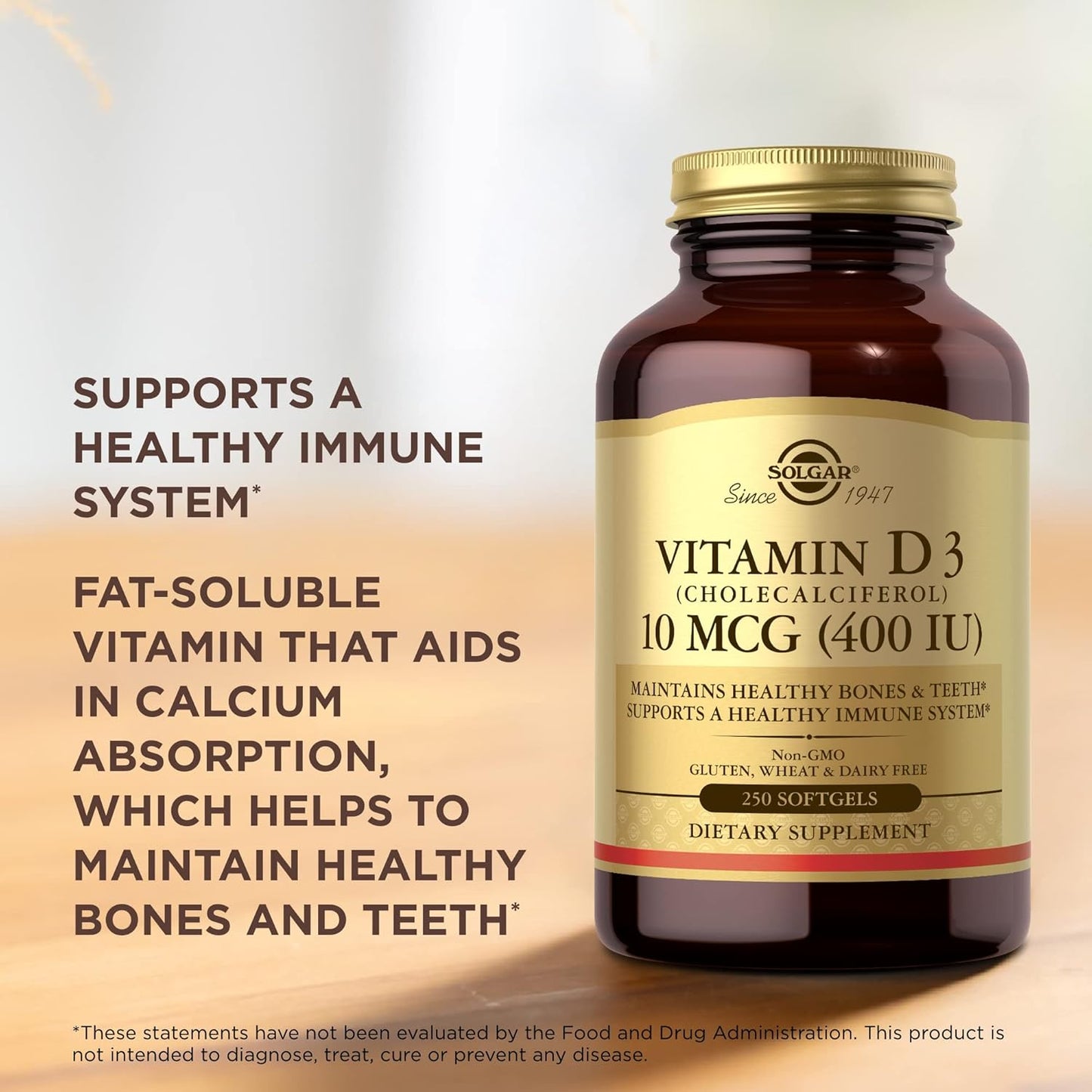 Solgar Vitamin D3 Softgels 10 mcg (400 IU) - 250 Count - Supports Bone Health, Teeth, & Immune System - Non-GMO, Gluten Free, Dairy Free - BoostGo Australia