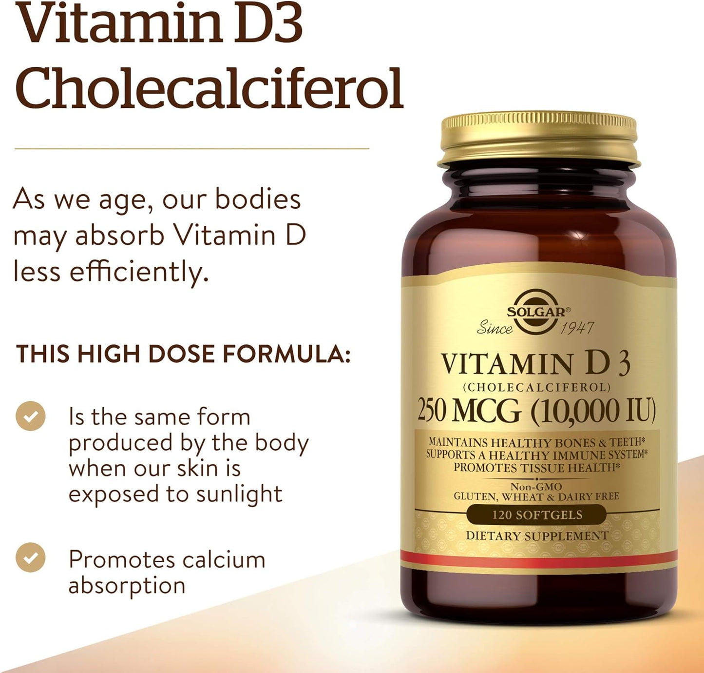 Solgar Vitamin D3 Softgels 250 MCG (10,000 IU) - Bone & Teeth Health - Immune System Support - Non GMO, Gluten Free, Dairy Free - 120 Servings - BoostGo Australia