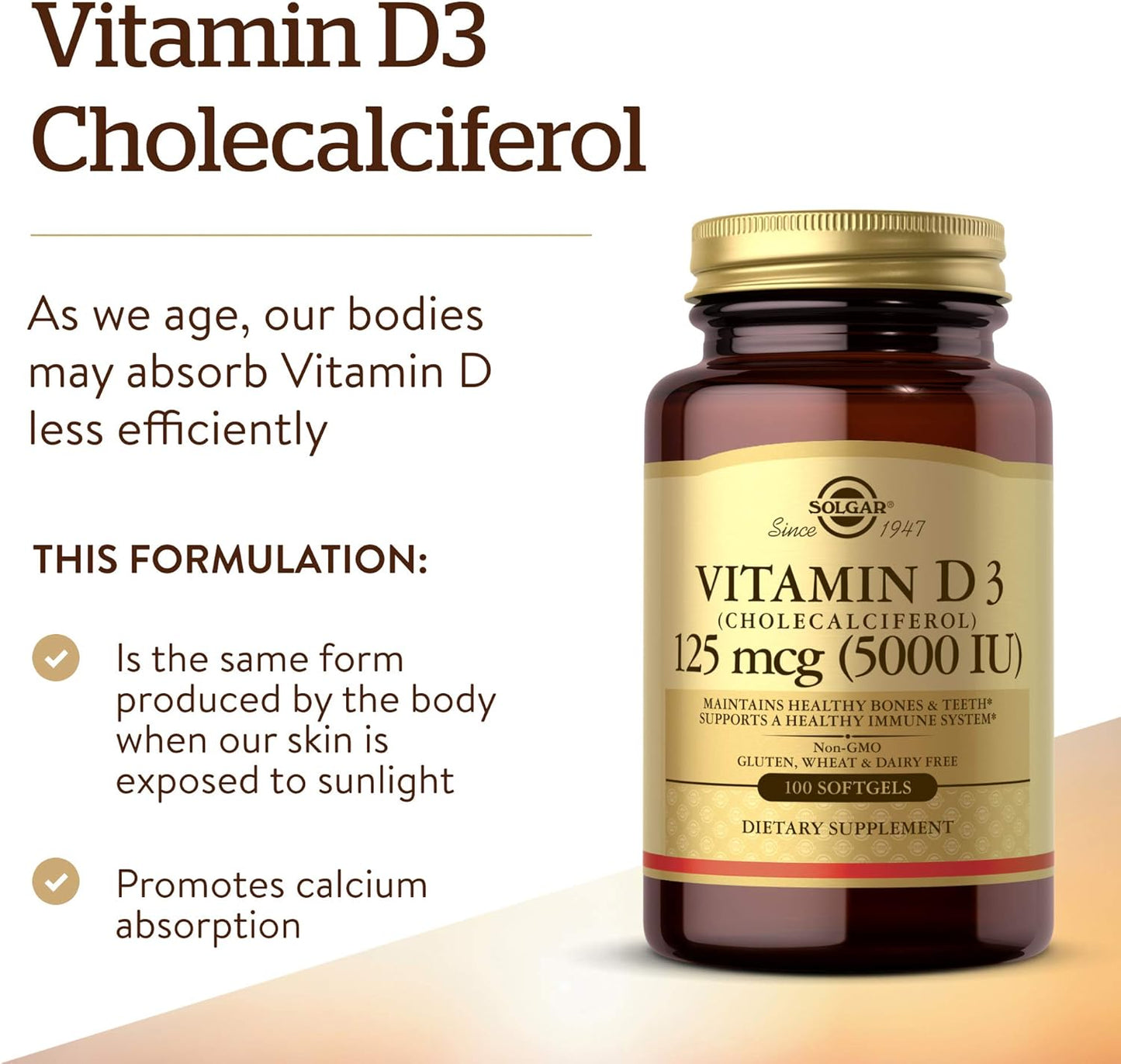Solgar Vitamin D3 Softgels 5000 IU (125 MCG) - Bone & Teeth Health Support - Immune System Booster - Non GMO, Gluten Free - 100 Servings