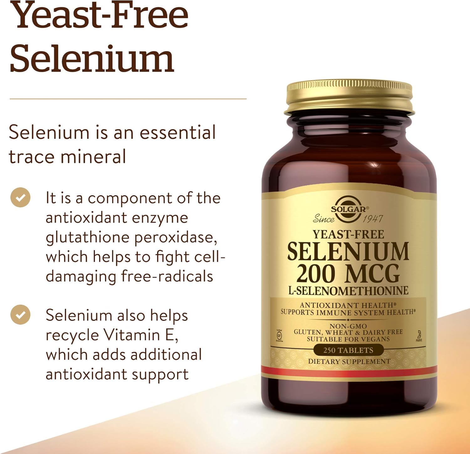 Solgar Yeast-Free Selenium 200 mcg Tablets - Antioxidant & Immune Support - Non-GMO, Vegan, Gluten-Free - 250 Servings