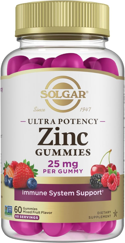 Solgar Zinc Gummies Adult Vitamin with 25mg Ultra Potency Zinc Citrate for Immune Support - Mixed Fruit Flavor, Vegan & Kosher - 60 Servings
