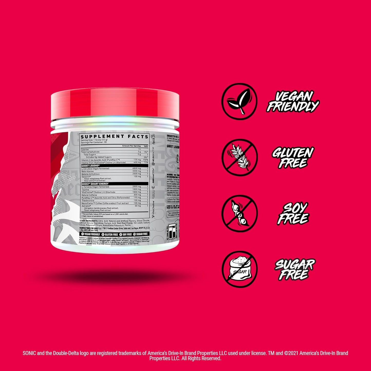Sonic Cherry Limeade GHOST Legend V4 Pre-Workout Powder - 30 Servings, Energy & Focus for Men & Women with Choline, L-Citrulline, & Beta Alanine