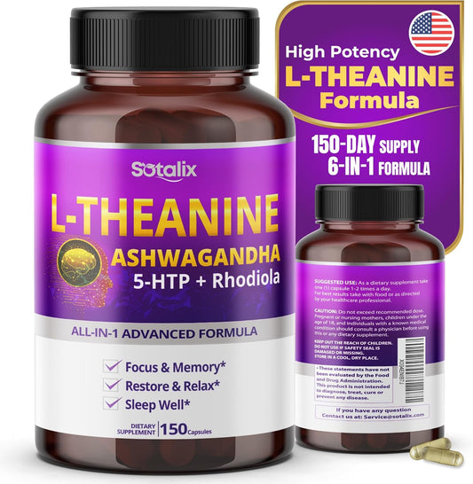 SOTALIX L-Theanine Supplement with Ashwagandha 5-HTP & Rhodiola - Focus, Memory, Relaxation, Sleep Quality - USA Made (150 Count)