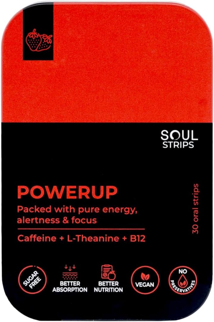 Soul Nutrition Power Up Oral Strips - Caffeine, L-Theanine, Vitamin B12, Strawberry Flavor, Boosts Metabolism, Fast Absorption, Vegan, 30 Pack
