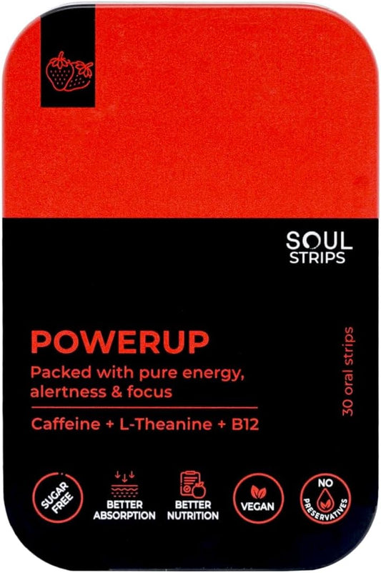 Soul Nutrition Power Up Oral Strips - Caffeine, L-Theanine, Vitamin B12, Strawberry Flavor, Boosts Metabolism, Fast Absorption, Vegan, 30 Pack